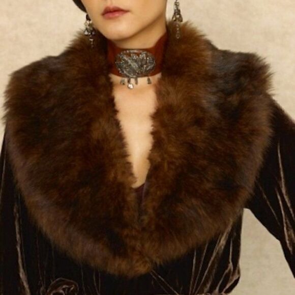 Ralph Lauren ~ Cocoa Brown Carlisle Shearling Collar Crushed Velvet Wrap Blouse - Picture 4 of 16